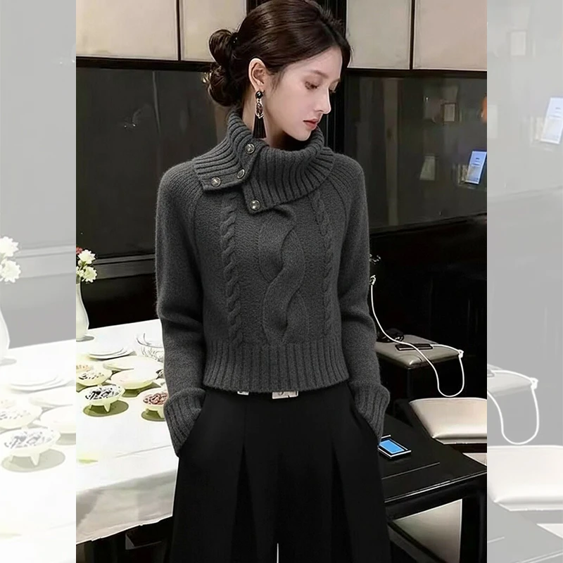 2025新款秋冬老钱风高领麻花针织衫设计感深灰色套头时尚气质毛衣