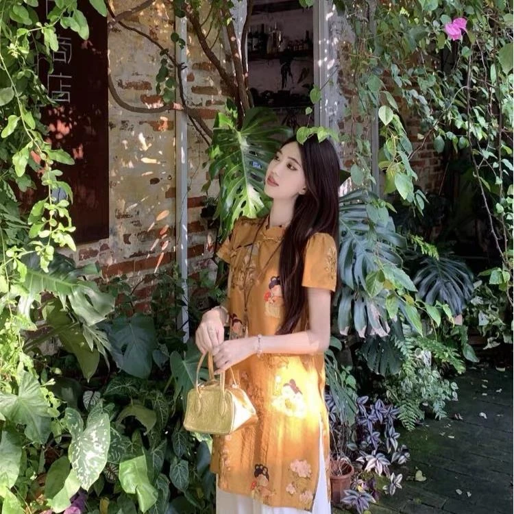 869 新中式国风印花宽松旗袍衬衫高腰阔腿休闲裤高级感气质套装女