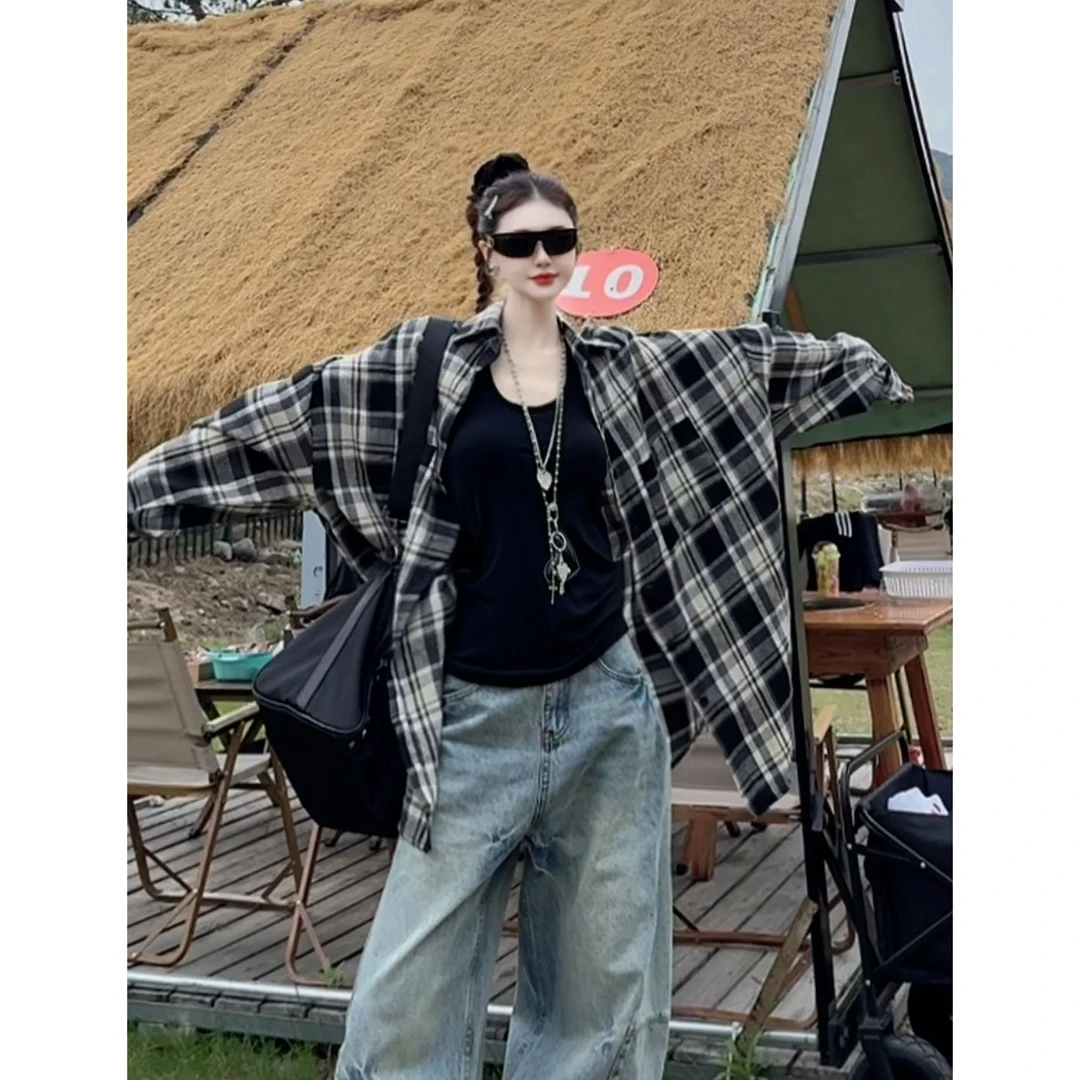 【大大梨】美拉德系列格子衬衫宽松中长款衬衣上衣gbsdg5522