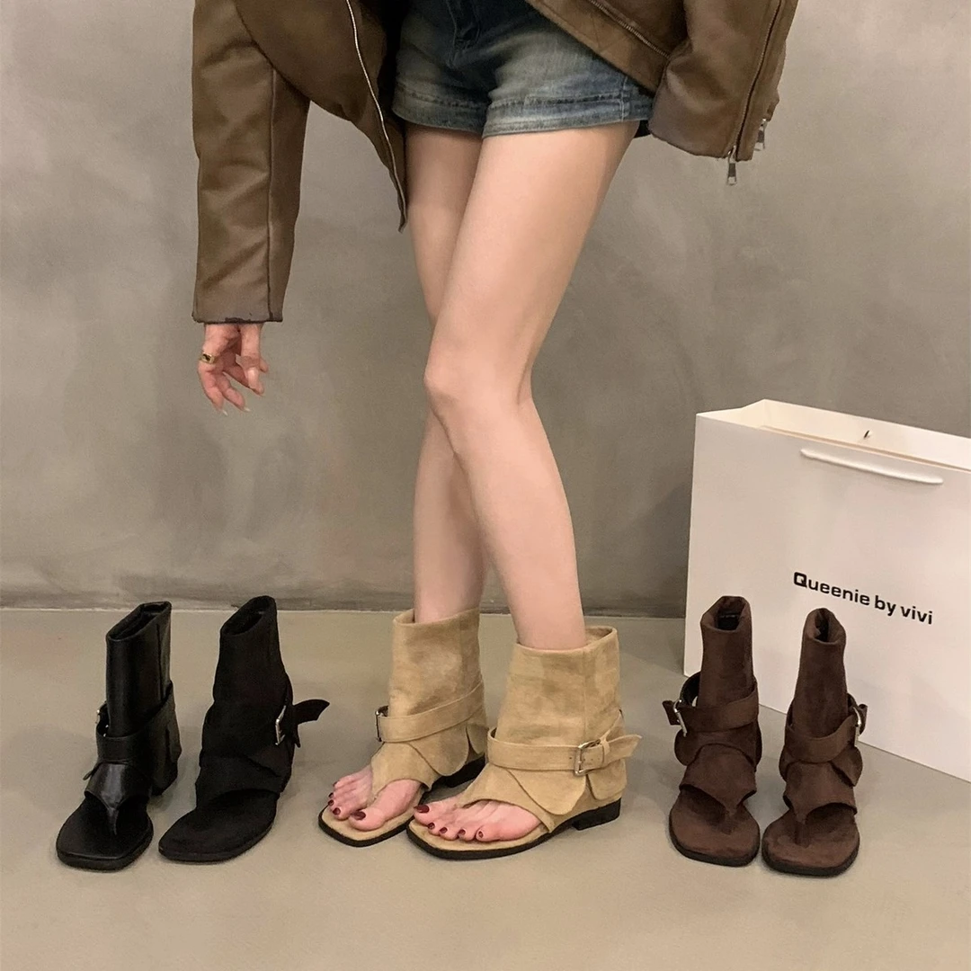 内增高卡其色绒面夹趾凉靴女鞋2025新款夏季配裙子裤管靴小短靴子