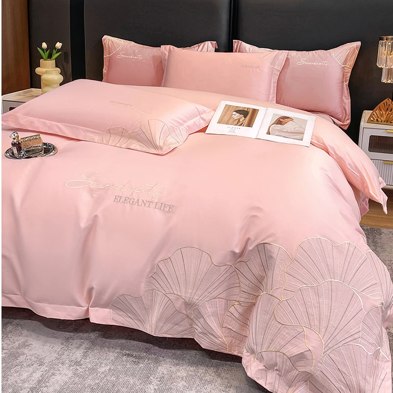 富安娜适用新款舒适全棉粉红色纯棉床单绣花被套床上用品四件套
