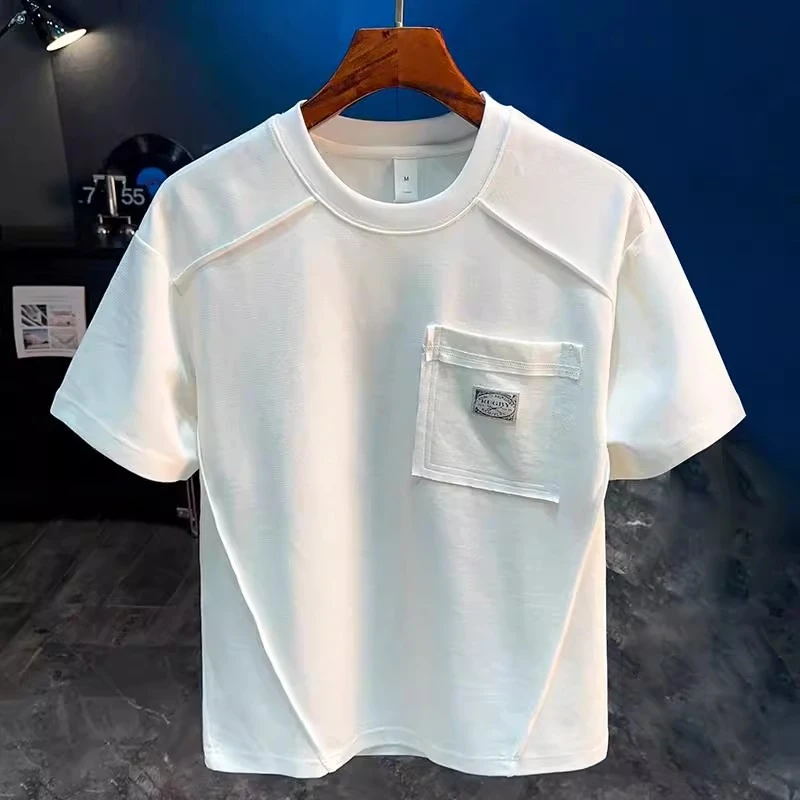 Cebrodz夏季新款宽松短袖T恤男款拼接款肌理感口袋美式休闲体恤