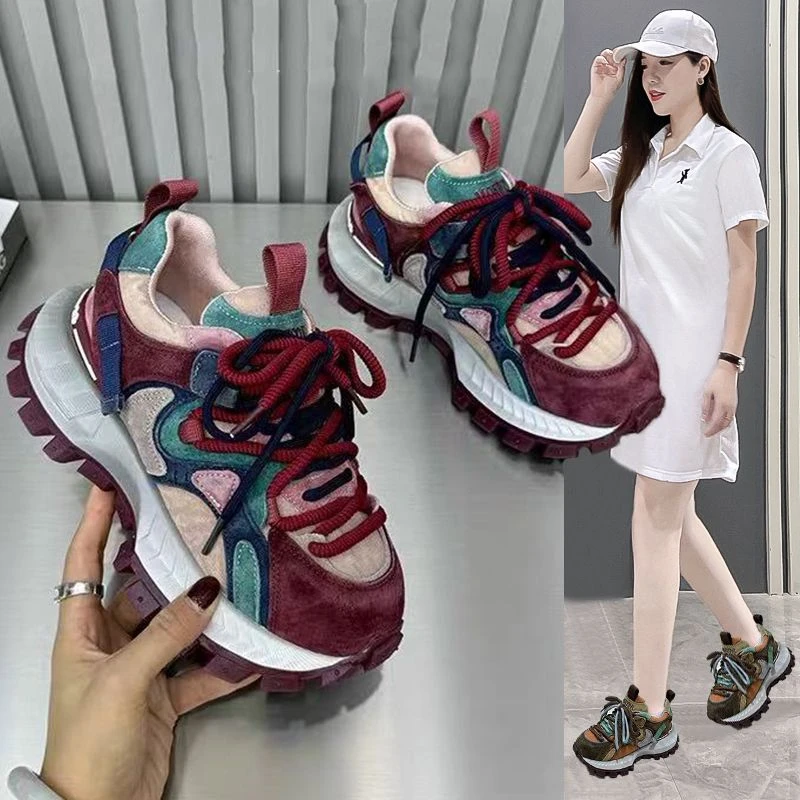 复古拼色老爹鞋女2025春夏新款厚底显脚小阿甘鞋欧货厚底运动鞋子