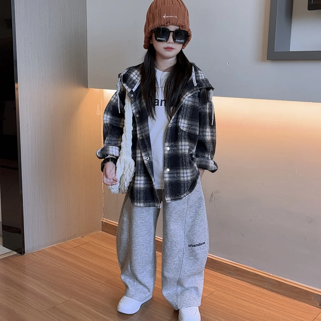 女童秋款格子外套2025新款儿童连帽上衣白色T恤休闲阔腿裤三件套