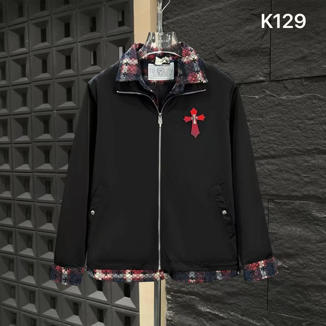 HI-K129-春秋男士假两件翻领格纹拼接撞色刺绣时尚休闲轻奢夹克