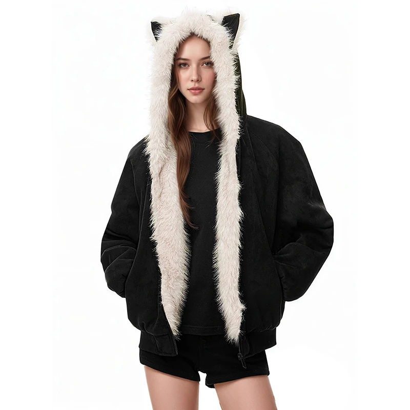 仿麂皮毛领夹棉座山雕外套男女秋冬季加厚情侣装棉衣棉服60751#