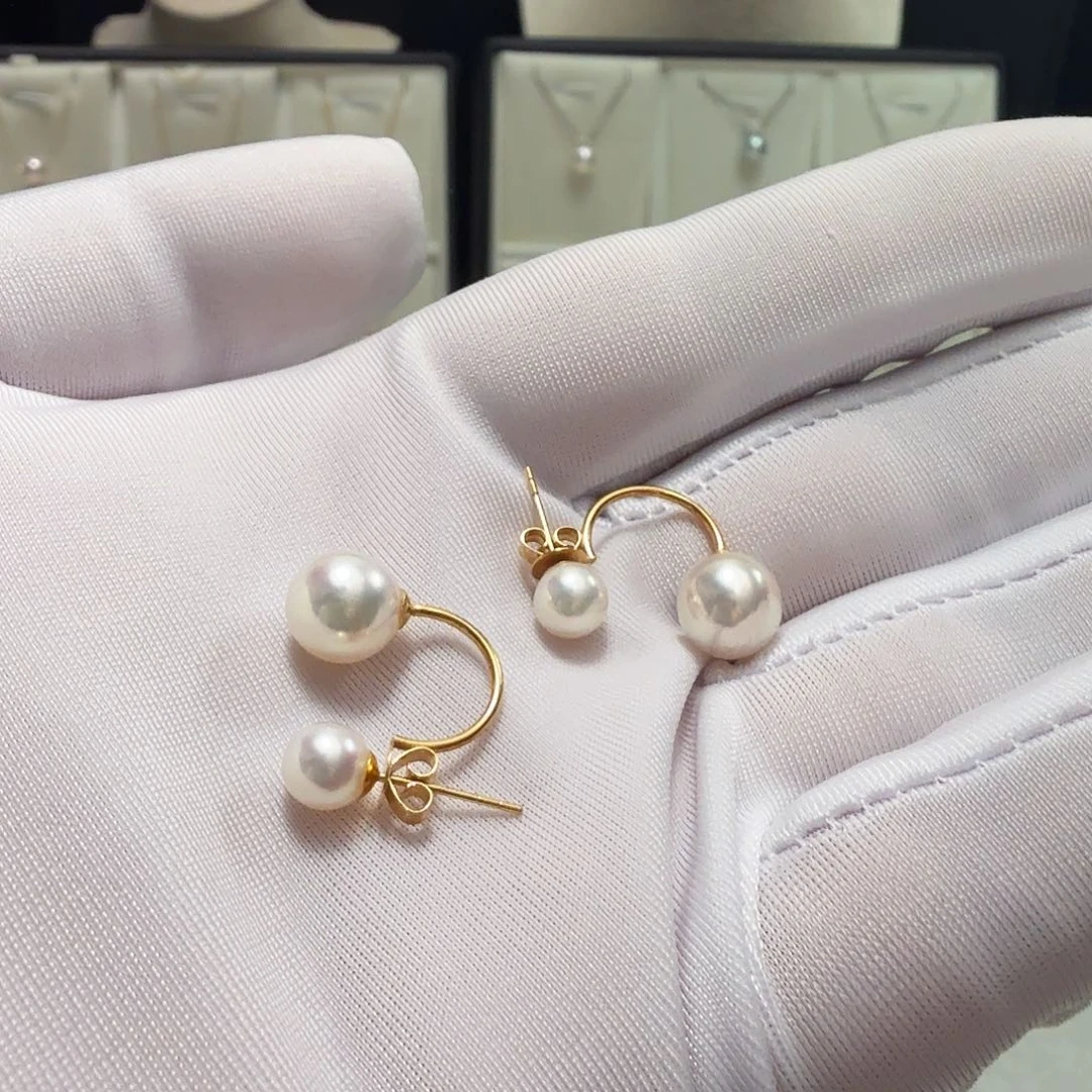 18K金镶嵌耳饰海水珍珠Ak双珠耳钉