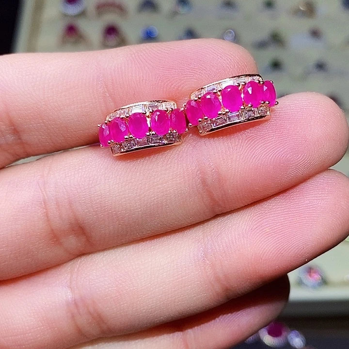 红宝石耳饰银S925镶嵌兰*叶11111