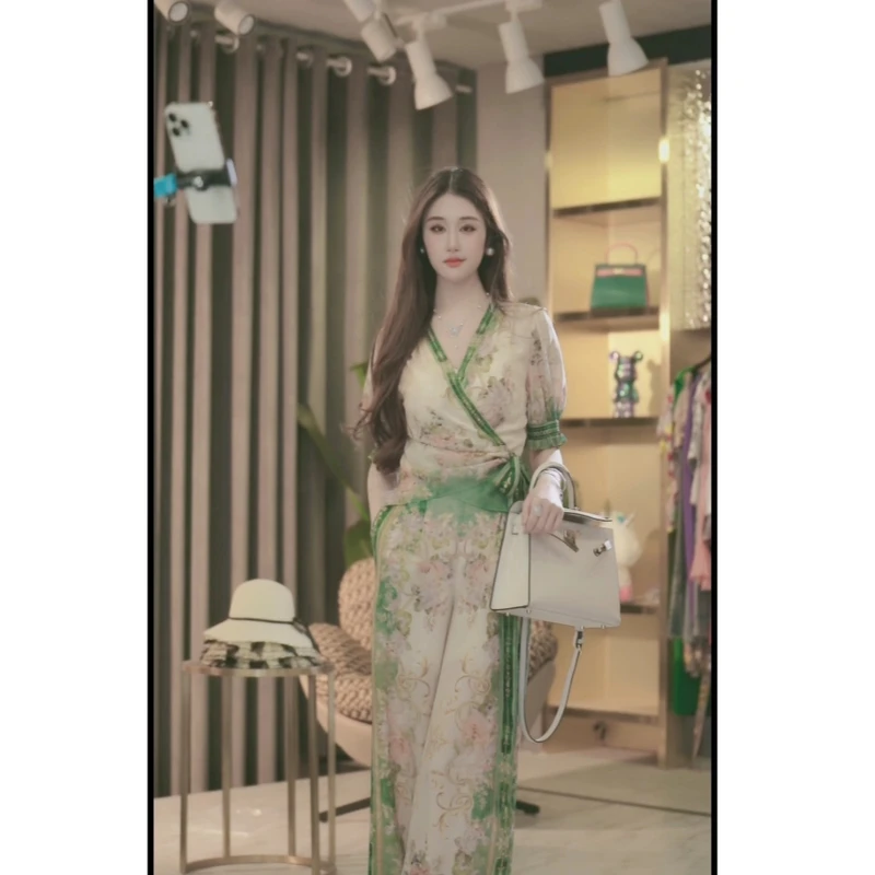 【张喜喜】气质重磅真丝夏季V领新款印花轻奢套装 241235