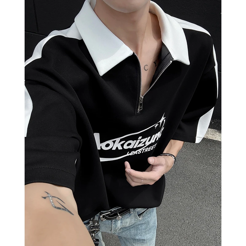 美式高街撞色polo衫短袖男夏季潮牌高级感半拉链t恤宽松五分半袖