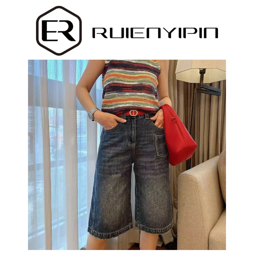 7102#【炫妈】侧口袋牛仔中裤显瘦设计感百搭