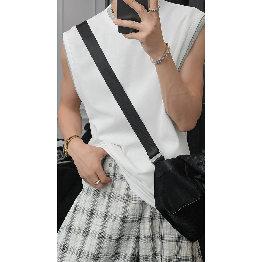 龙叨叨夏季新品重磅设计感宽松假两件宽肩背心男简约百搭无袖上衣