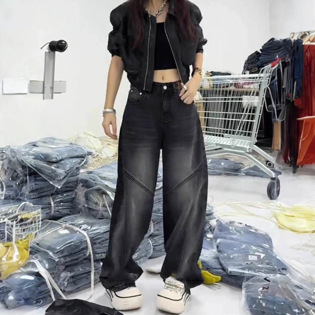 早秋新款美式复古翻盖设计百搭牛仔裤女高腰宽松显瘦老爹堆堆裤