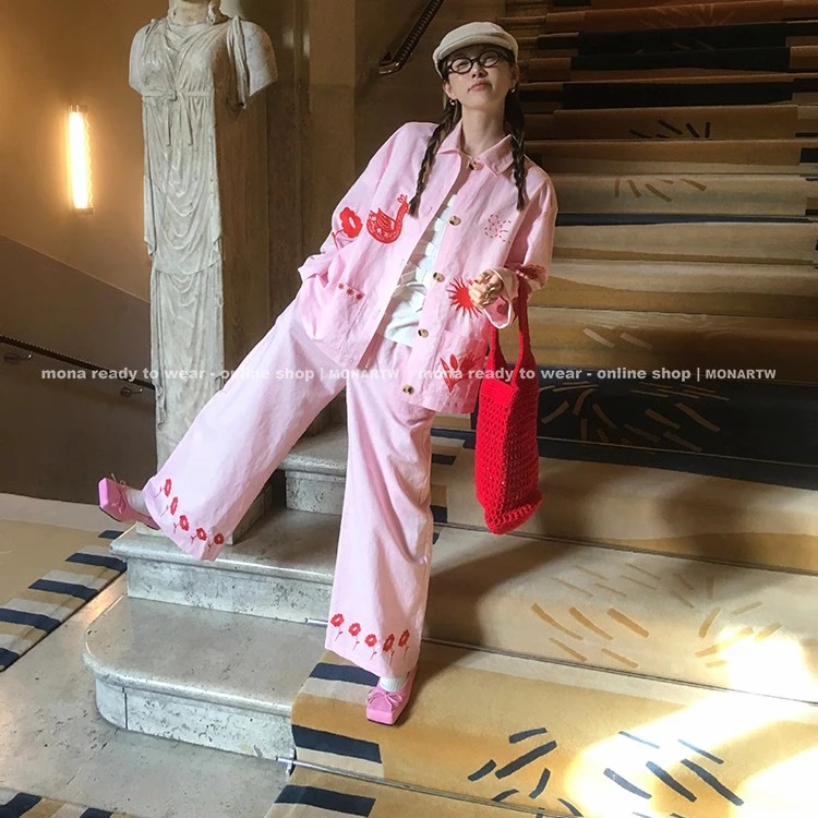 MONA 粉色蓝色 亚麻小众衬衫 直筒中腰裤子女小个子套装 2025新款