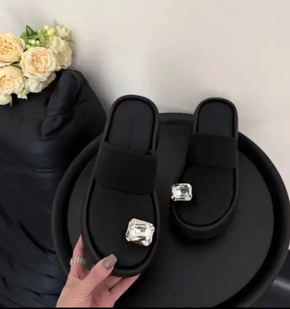 嘉嘉推荐#9199【夏款】水钻套趾高级感法式厚底露趾松糕凉拖鞋