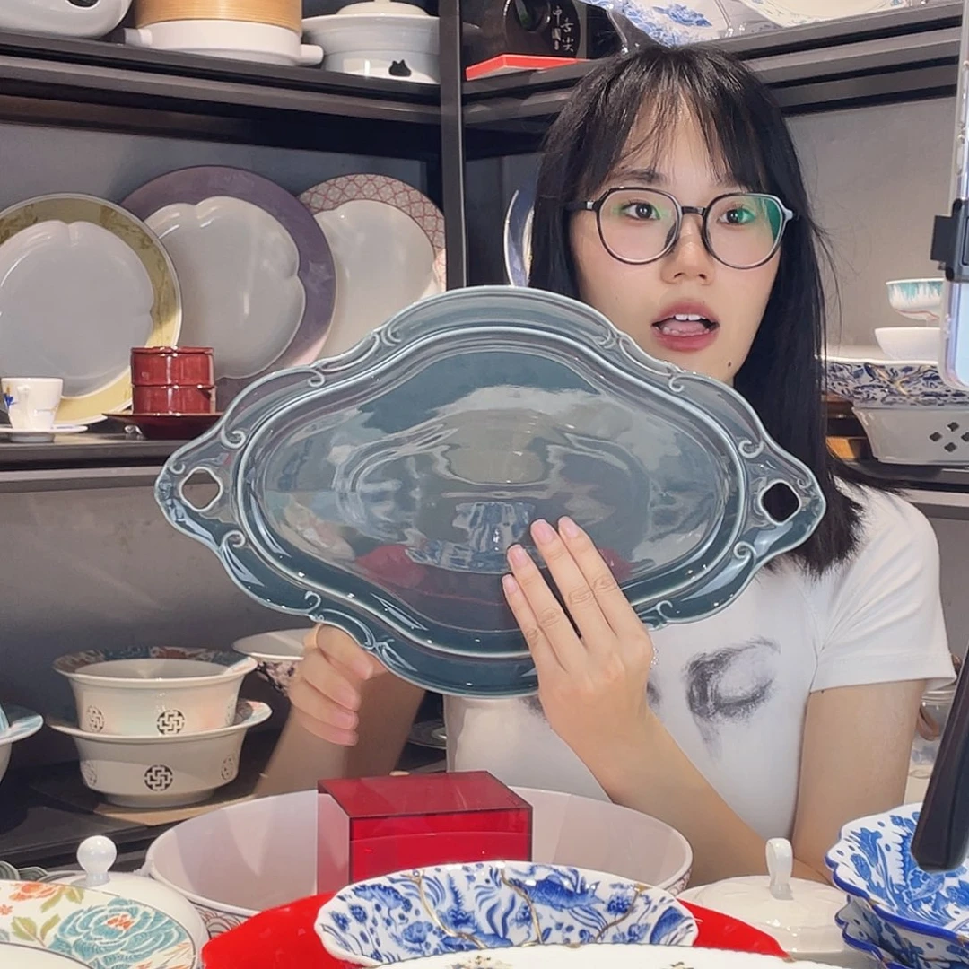 陶瓷16寸蓝灰色冷菜盘