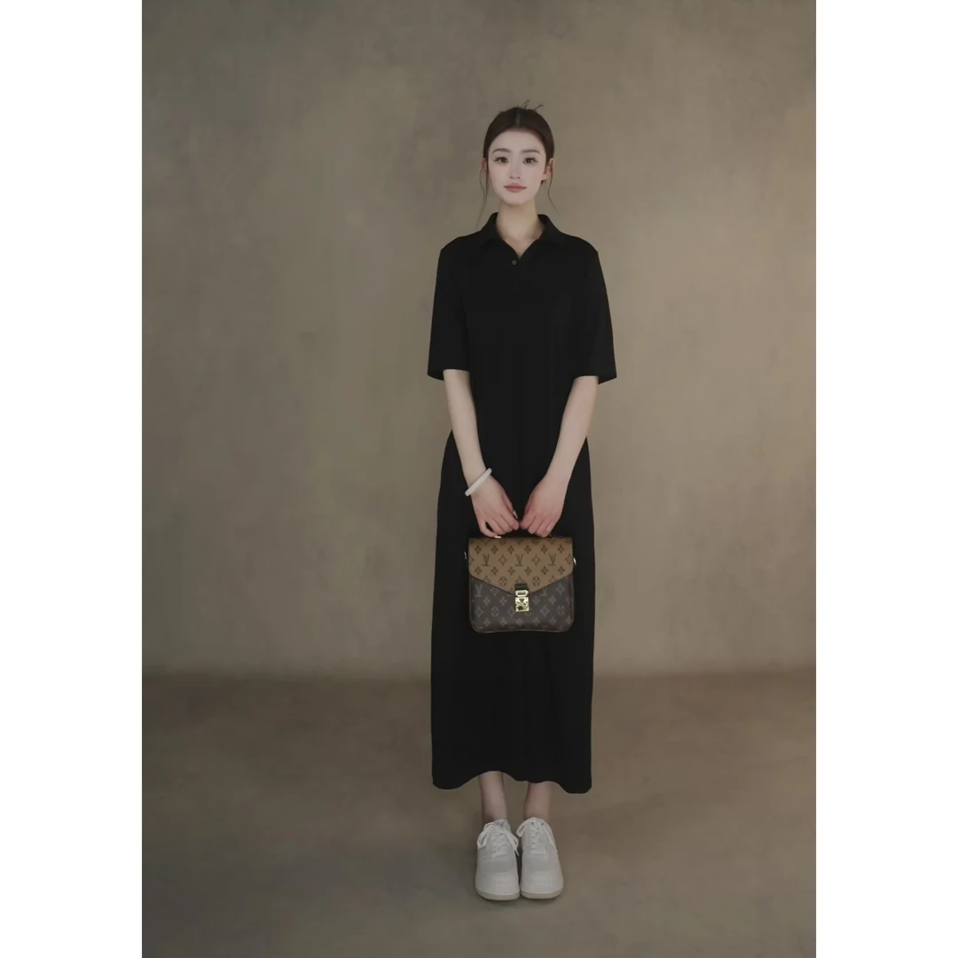 夏季新款女士连衣裙女中长款宽松显瘦裙子过膝翻领法式简约夏装