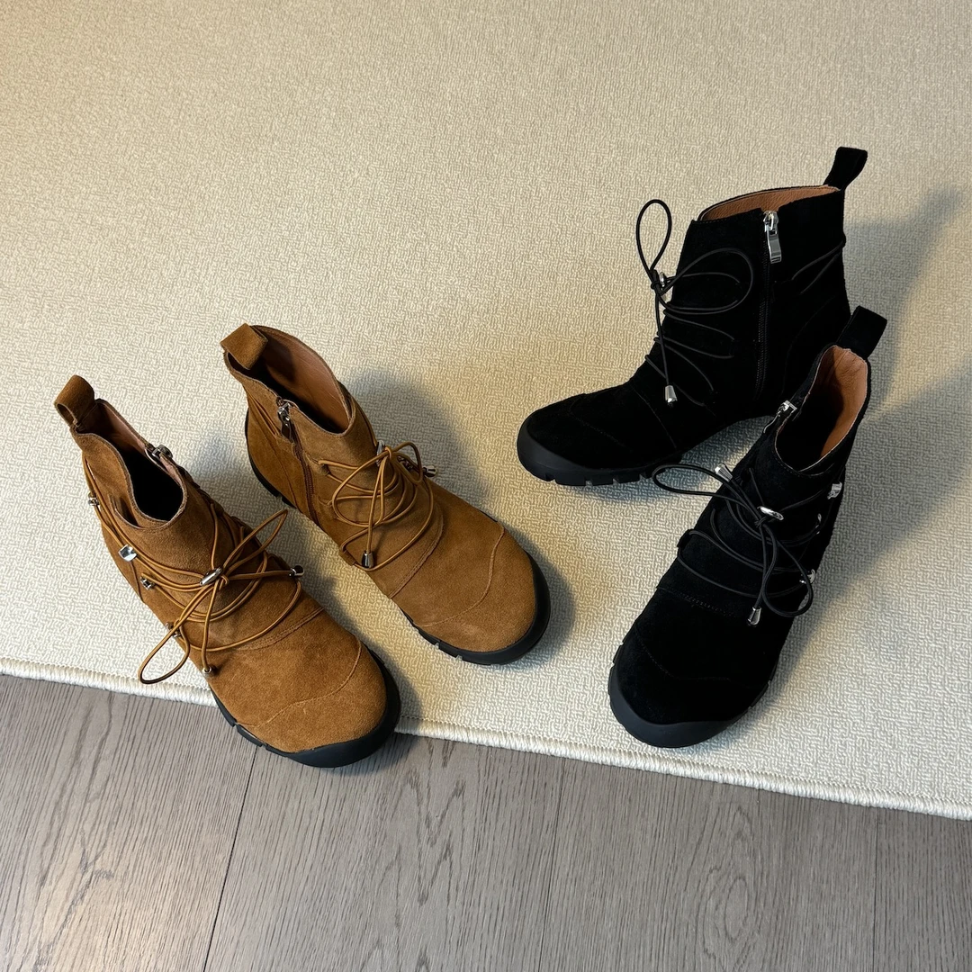 六也「登山系列」暴走系带圆头低跟防滑减震户外运动马丁靴 L1163