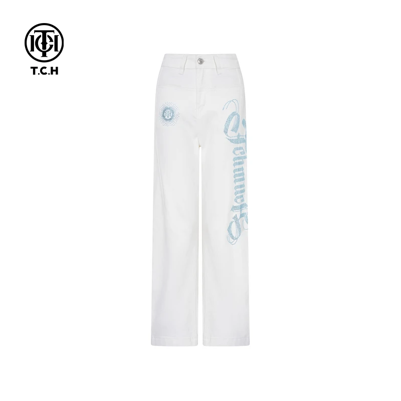 TCH（裤子）私服秋冬时尚休闲风烫钻淑女白色牛仔裤T75C20E5156