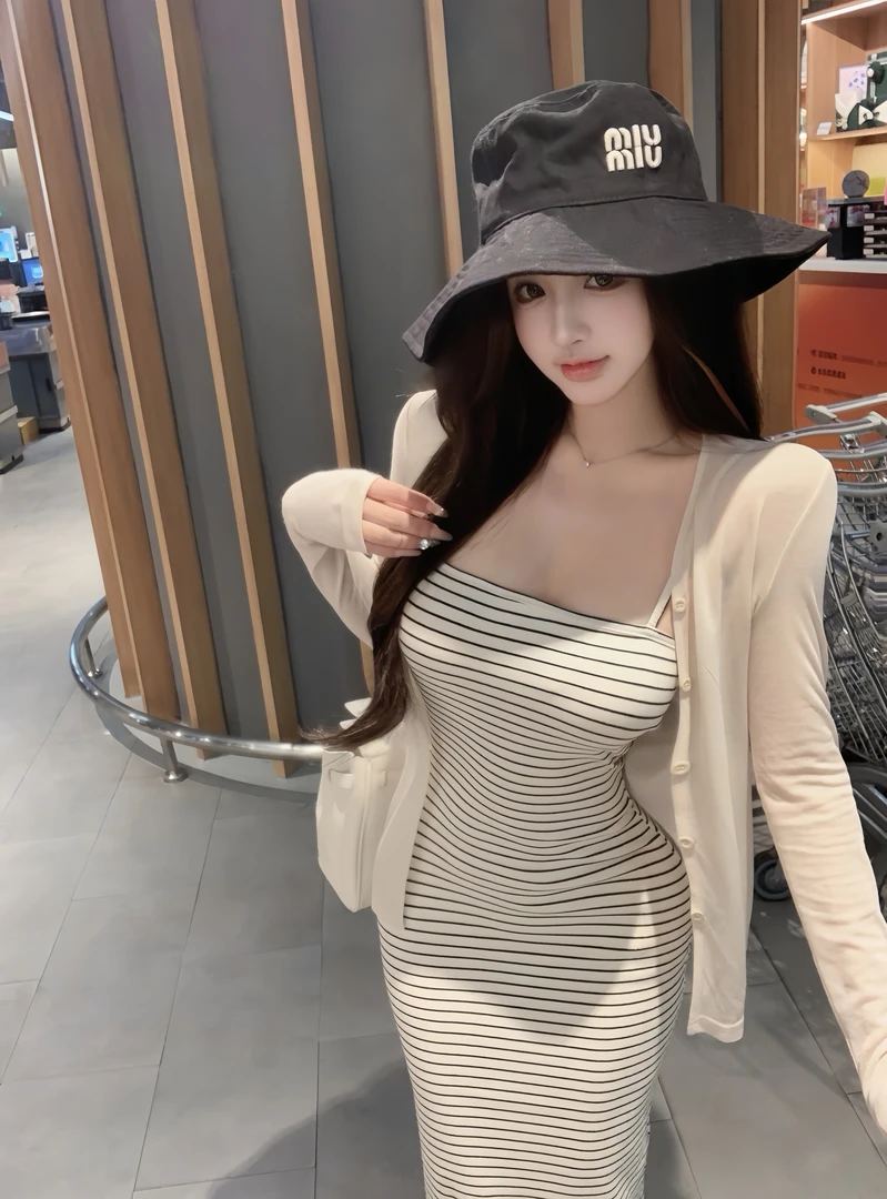 韩系条纹吊带连衣裙女夏季鱼尾裙收腰开叉裙子显身材长裙开衫套装