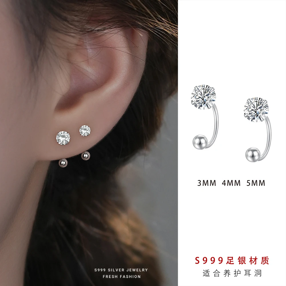 足银耳饰 s999纯银超闪四爪锆石拧螺丝耳钉女小众足银耳饰轻奢