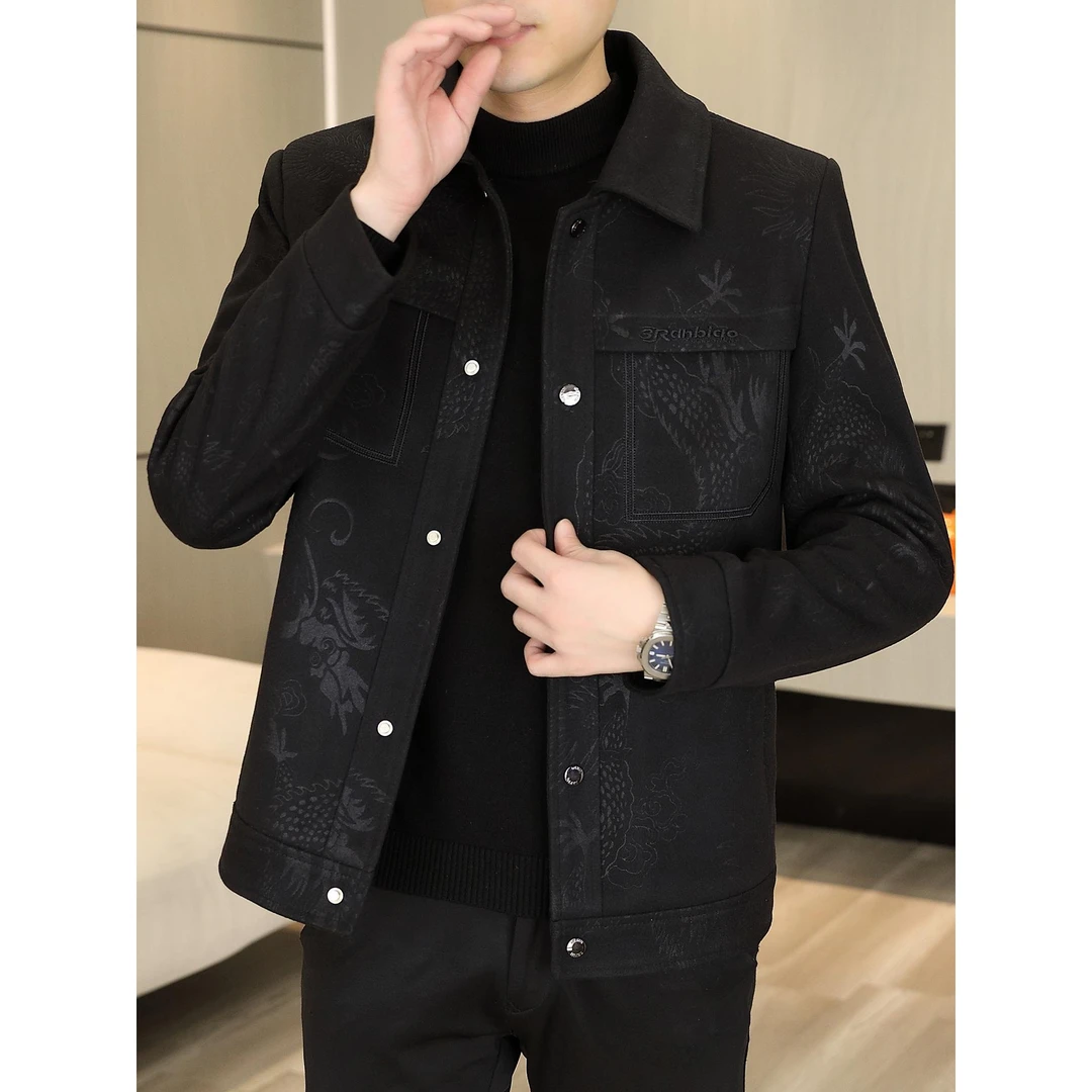 轻奢痞帅男装毛呢外套男款秋冬加绒保暖呢子翻领时尚韩版休闲夹克