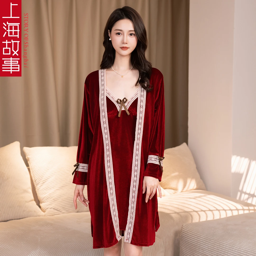 上海故事冬季新款金丝绒本命年新婚红色喜庆两件套蕾丝吊带睡裙
