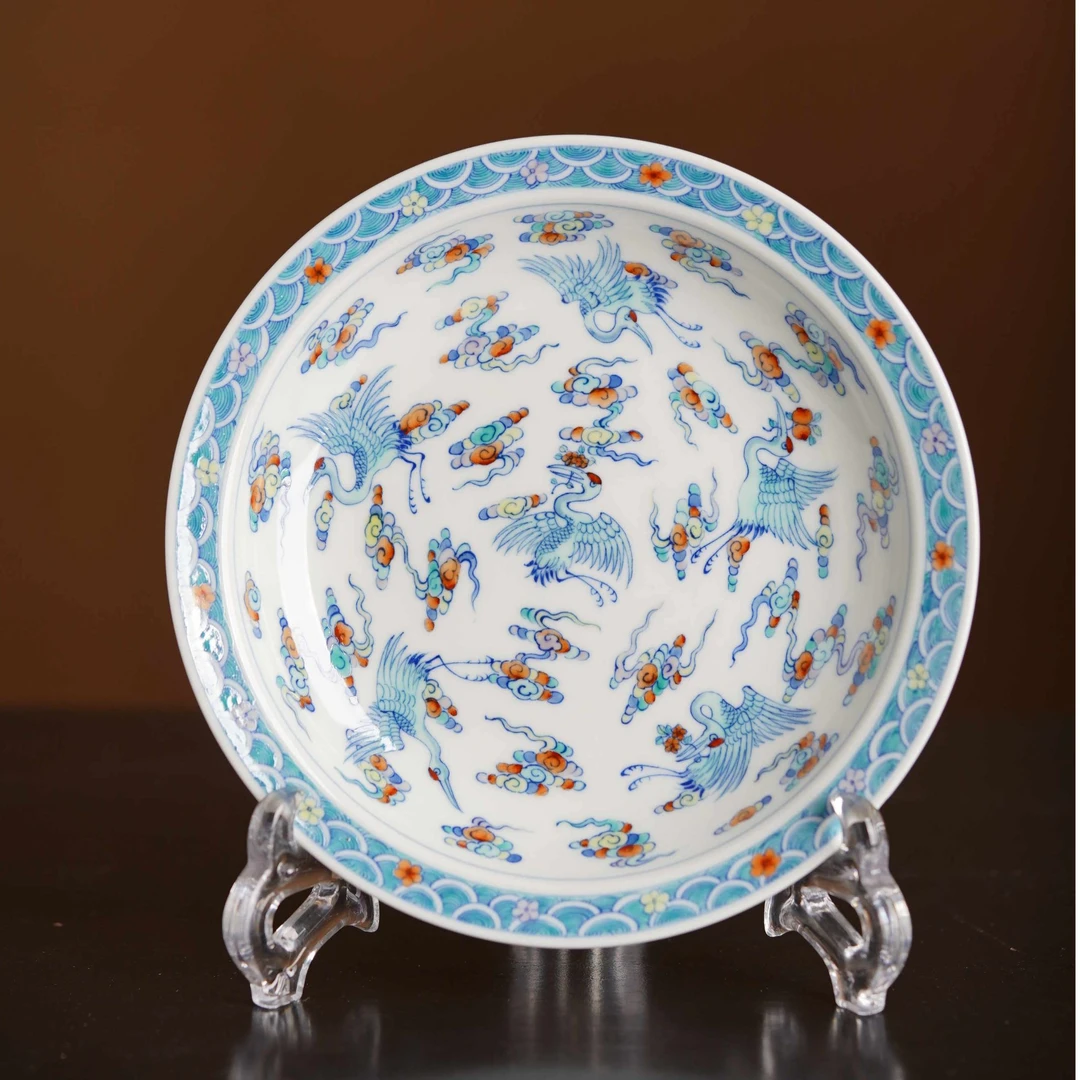 观山见物 青花斗彩海水云鹤壶承 手绘茶盘果盘干泡台百搭文人雅器