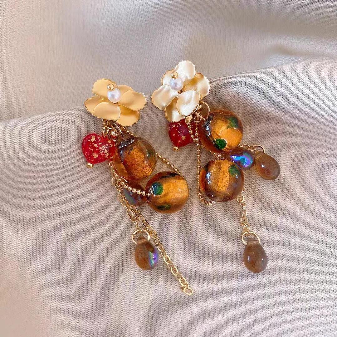 新中式花朵流苏耳环2026新款爆款高级感耳钉女小众独特美拉德耳饰