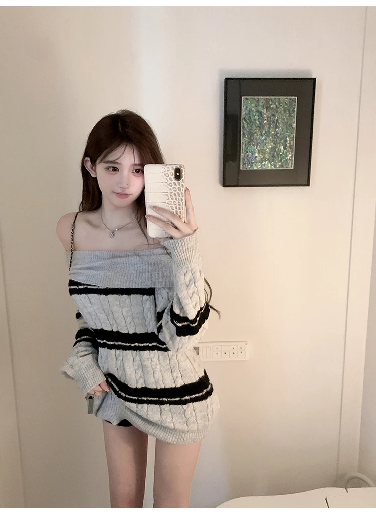 慵懒风纯欲辣妹条纹一字肩露肩毛衣宽松针织上衣显瘦百搭包臀短裤