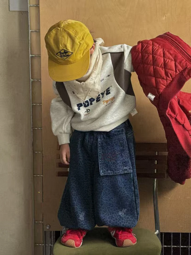 洋气炸啦~豹纹儿童一体绒牛仔裤秋冬新款男女宝长裤小童牛仔裤