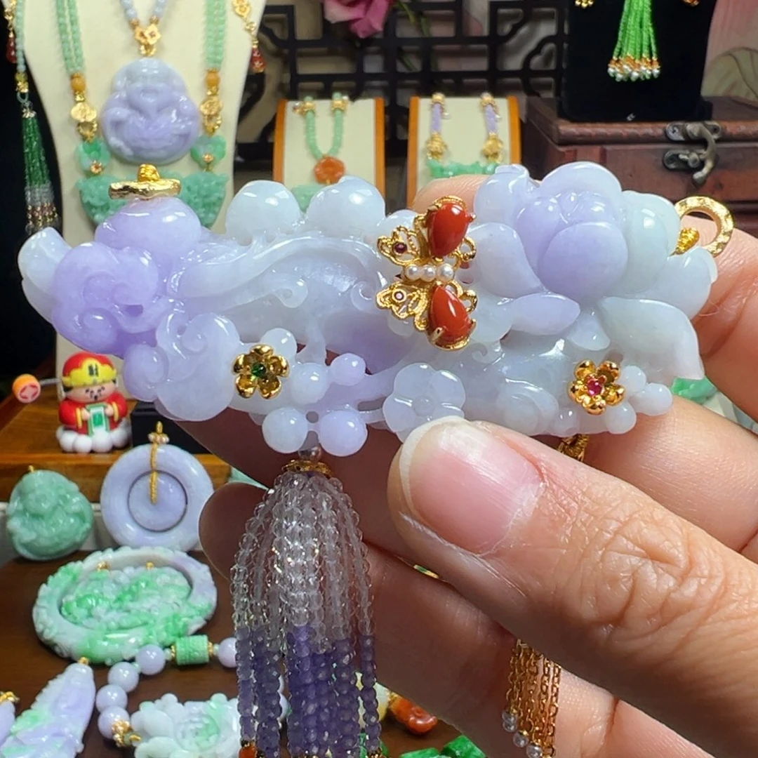 翡翠未镶嵌毛衣链紫花枝