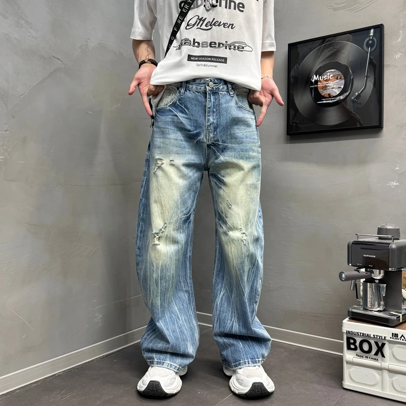 2025秋冬新款男款深蓝色牛仔裤弯刀阔腿裤时尚男款阔腿弯刀牛仔裤