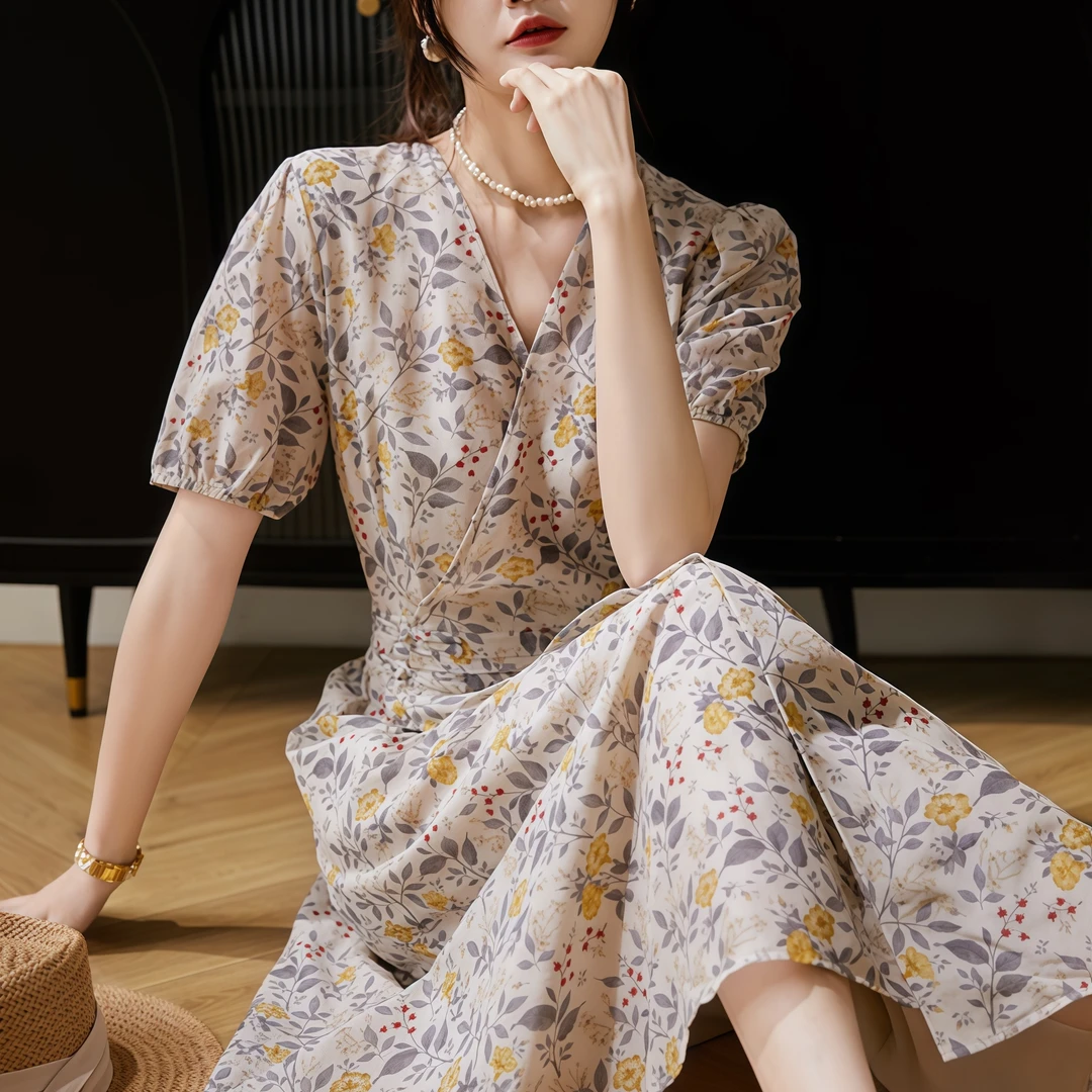 复古夏季新款法式丝棉金盏花印花时尚收腰连衣裙气质显瘦茶歇裙