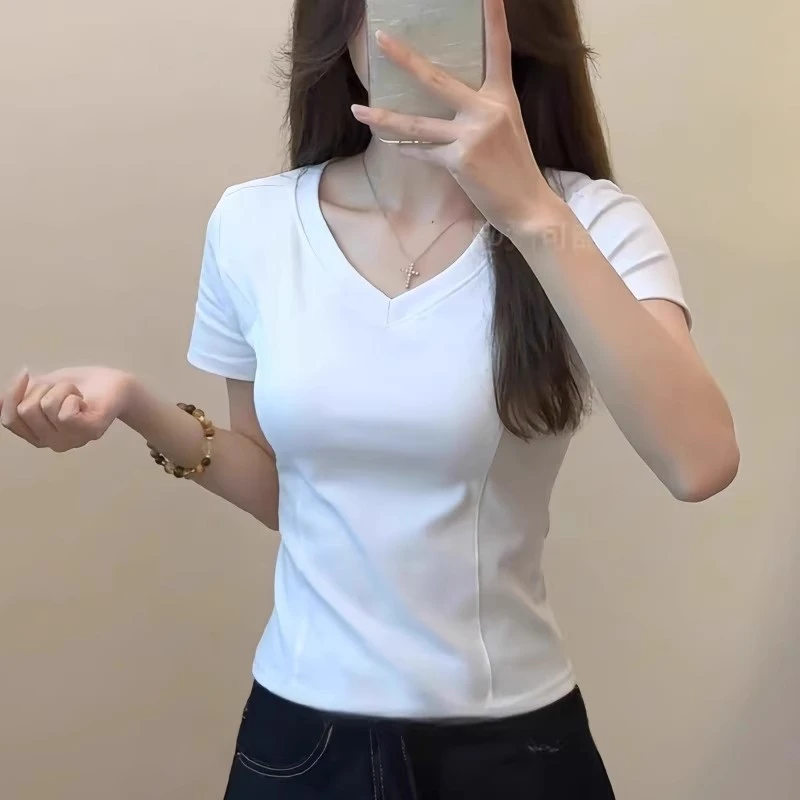 设计感V领修身鱼骨短袖t恤精致时尚显瘦正肩纯色夏季白色半袖上衣