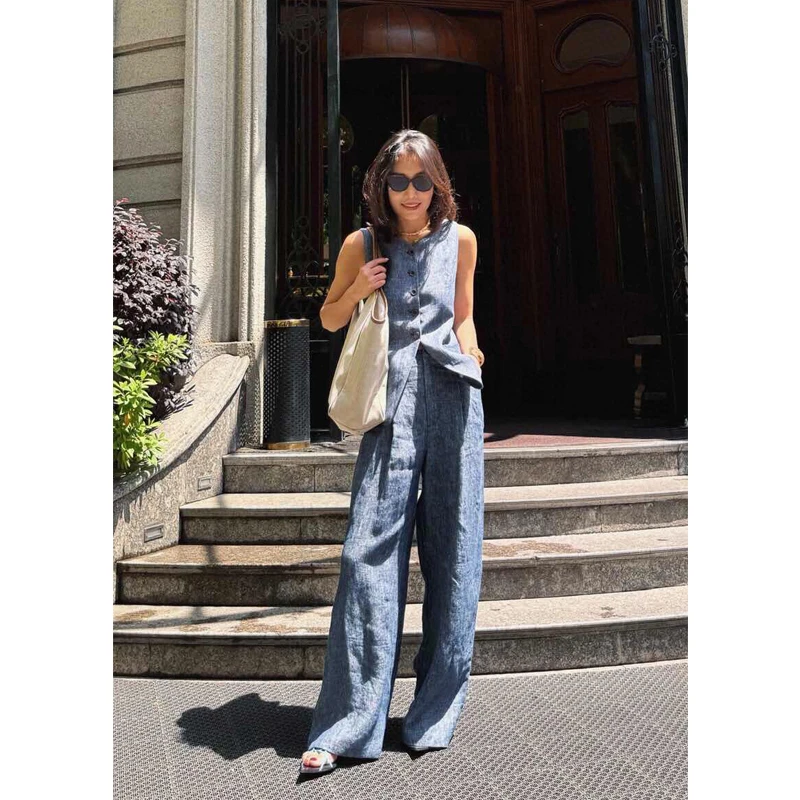 老钱风亚麻马甲套装女夏季轻熟风复古高级穿搭通勤时尚休闲两件套