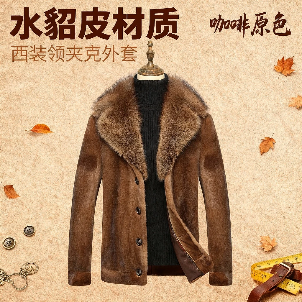 男士西装领水貂皮大衣夹克皮草外套咖啡原色水貂大衣时尚1116休闲