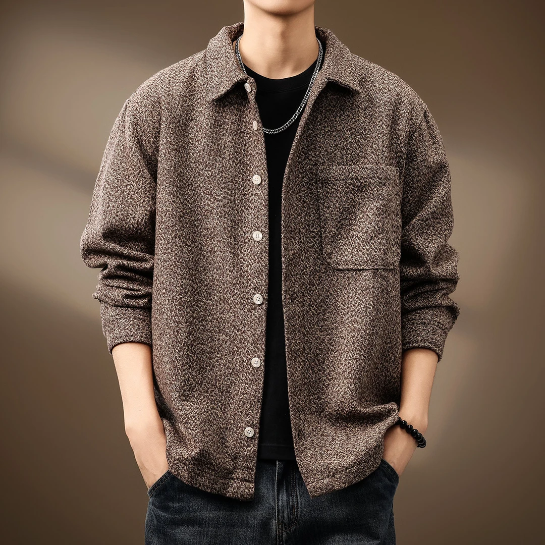 美式潮牌复古提花编织男士衬衫2025秋冬新款宽松大码毛呢衬衣外套