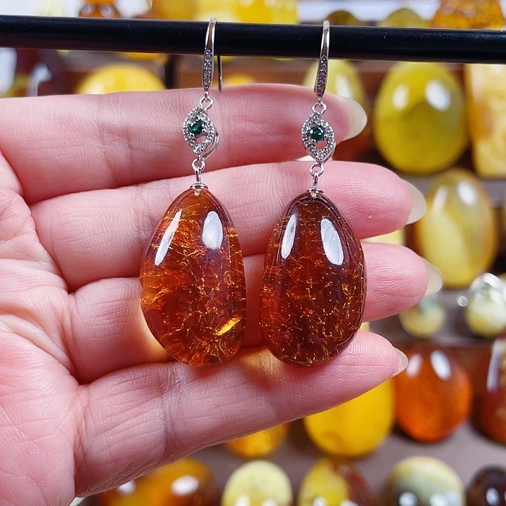 琥珀银S925镶嵌裸石耳环