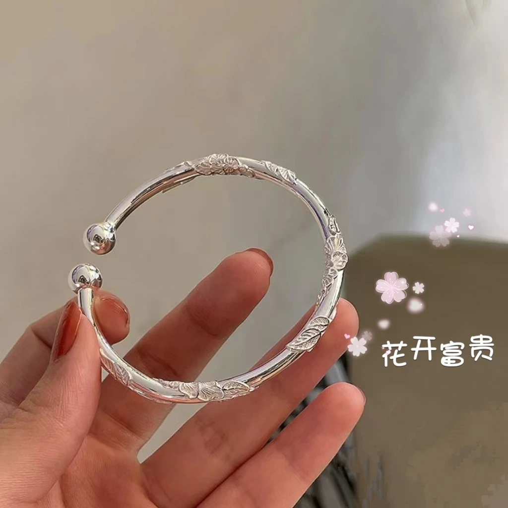 足银手镯 繁花似锦手镯【S-1022】