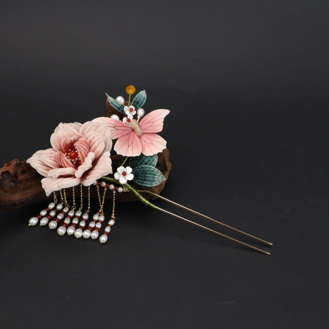 【露华浓】非遗绒花胖绒粉蝶恋花发簪古风簪百搭头饰发饰超仙桑蚕丝