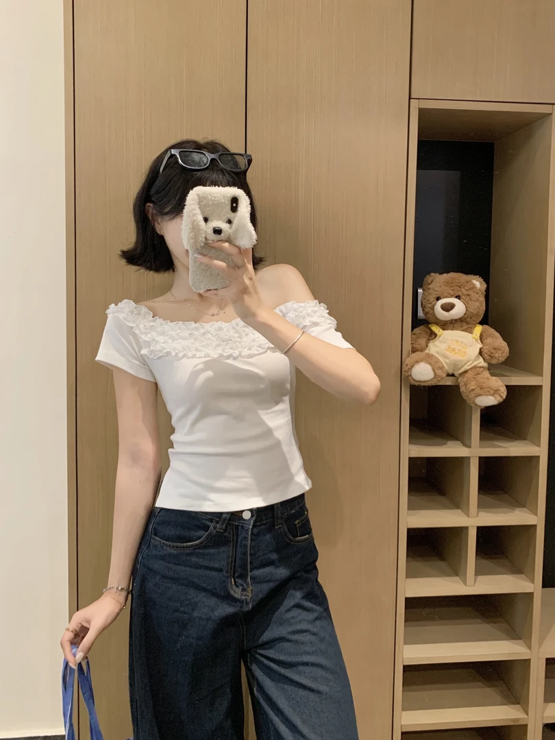 大码木耳边斜肩白色短款上衣女2025年夏季新款短袖T恤设计感小众