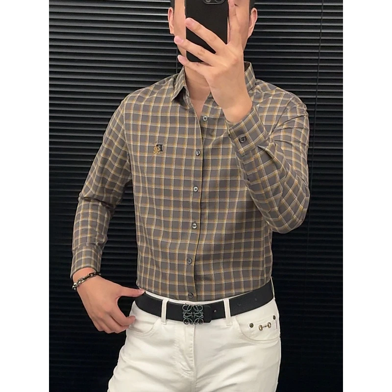 男士长袖秋季商务修身格纹百搭时尚帅气男士衬衫6865