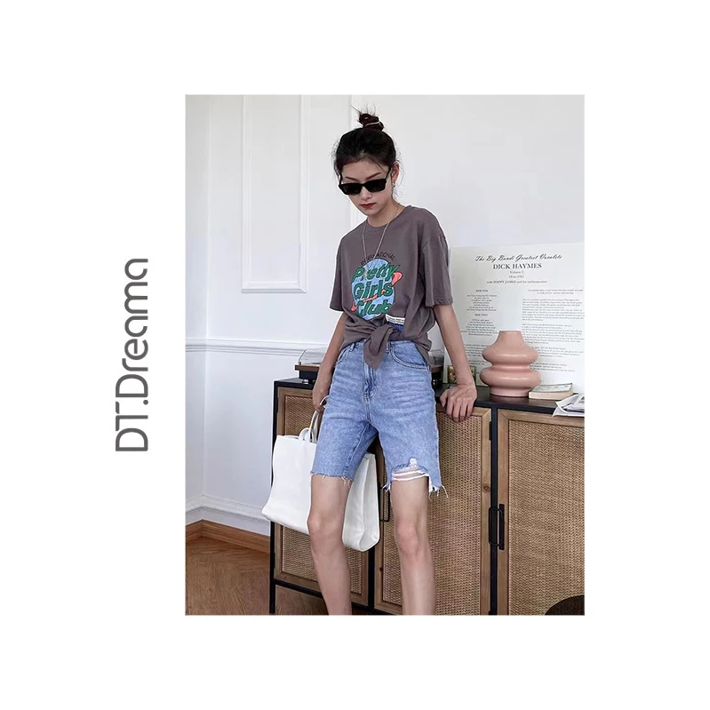 夏季休闲设计感复古破洞蓝色牛仔短裤女高腰直筒显瘦休闲百搭宽松