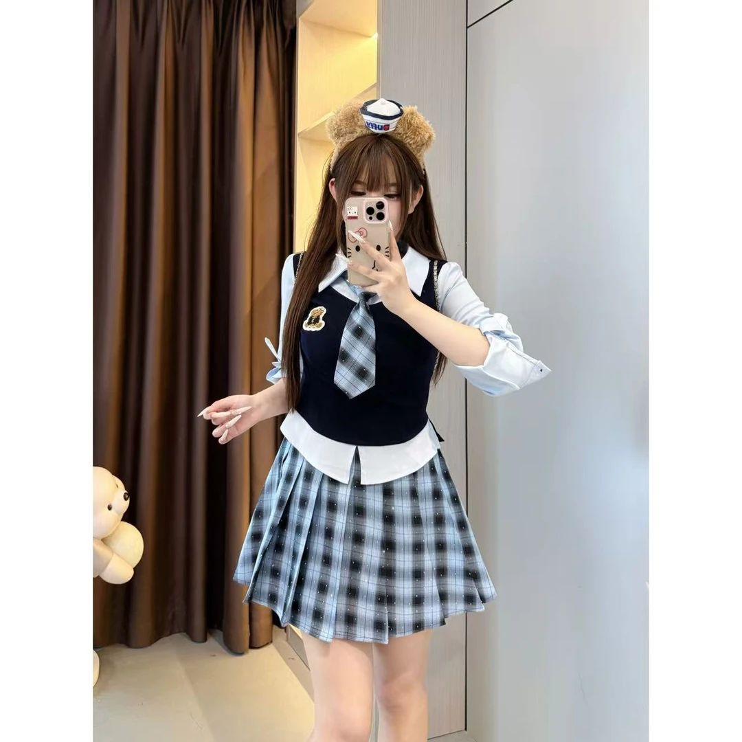 【粉墨学院】胖mm10060夏季jk衬衫甜美可爱制服学院撞色假两件短裙