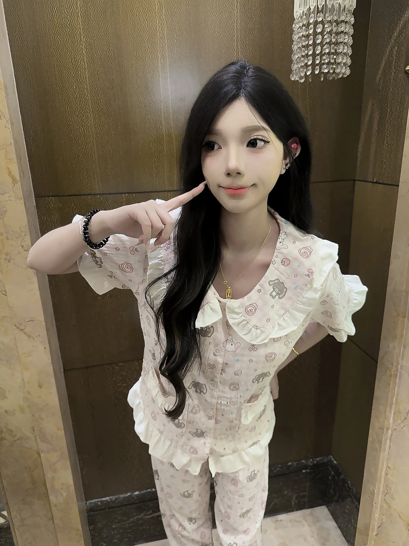 娃娃领甜点兔家居服套装短袖常规夏季套装三件套带胸垫睡衣