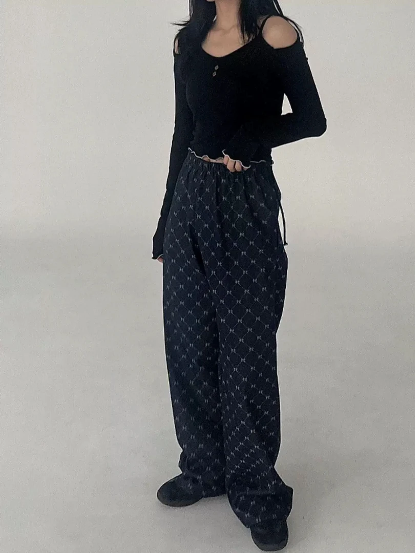 休闲裤时尚牛仔印花棋盘格复古字母运动秋季阔腿裤百搭