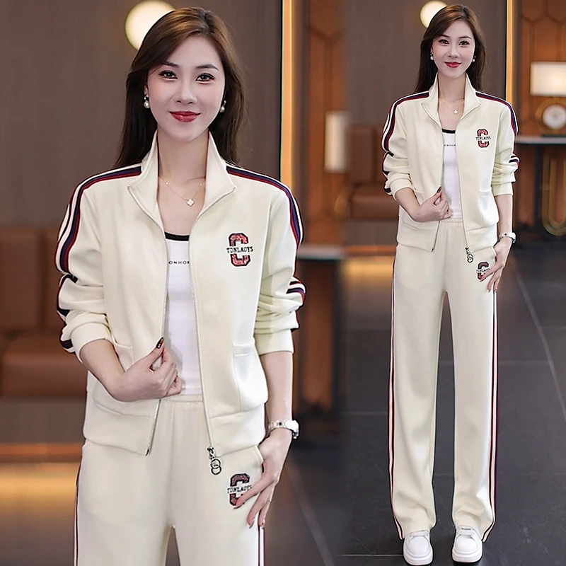 休闲运动套装女2025春秋季新款洋气减龄立领拉链开衫直筒裤两件套