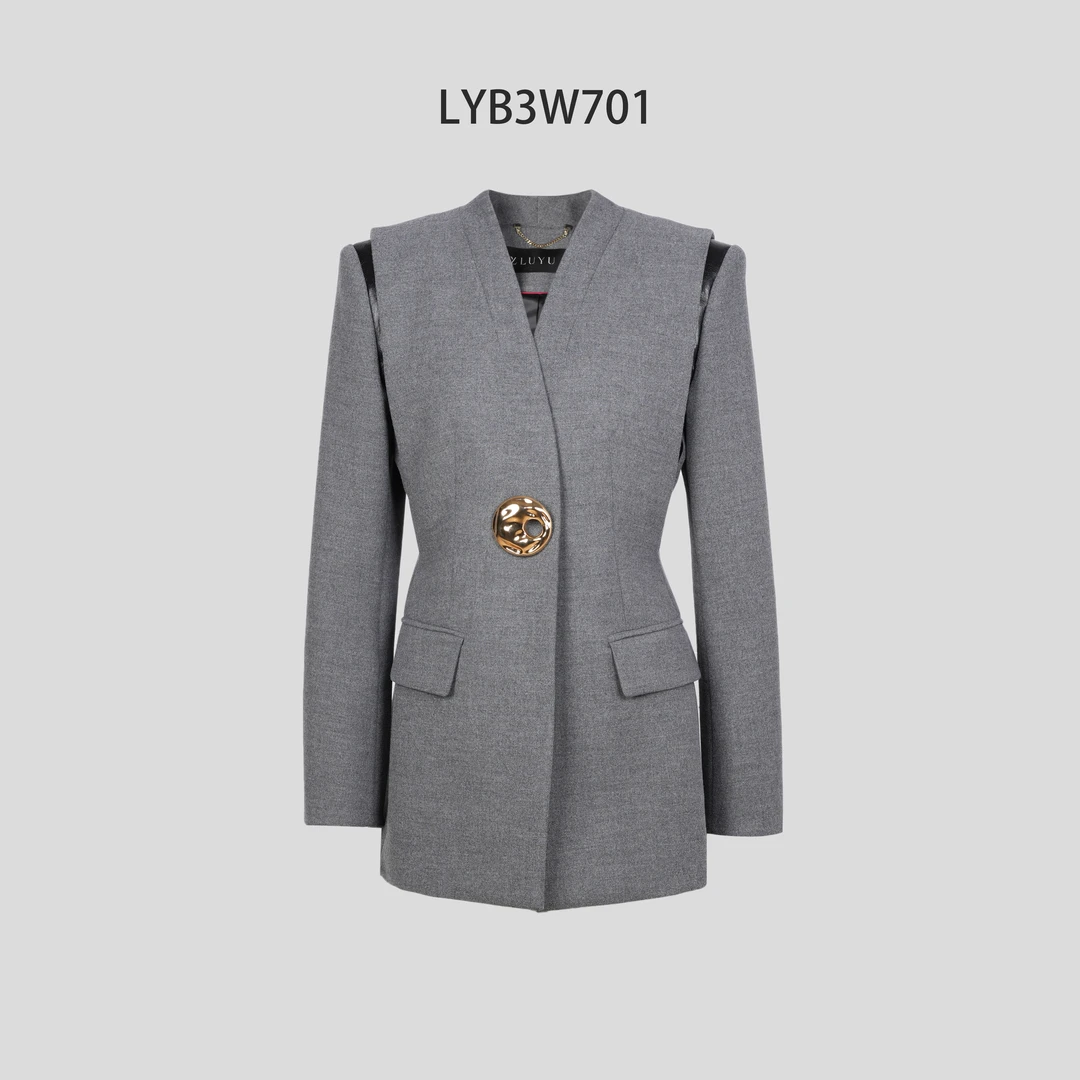 LUYU/鲁遇高级灰西服宽松型商务加厚秋冬翻领中长款LYB3W701