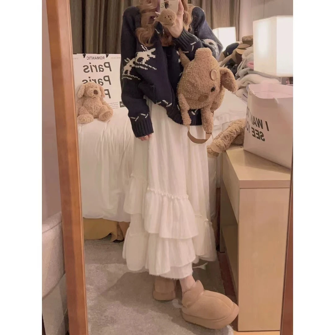 米白色拼接加绒蛋糕裙半身长裙女冬韩系宽松荷叶边仙女裙显瘦高腰